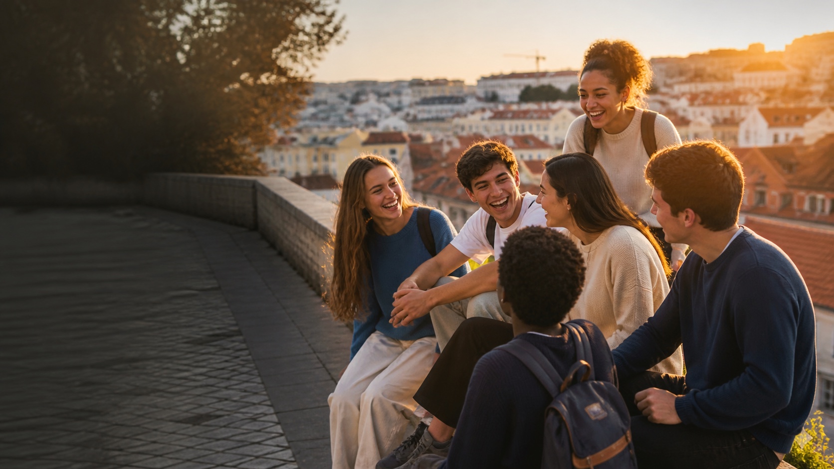 Local and international students laughing together at a Lisbon viewpoint